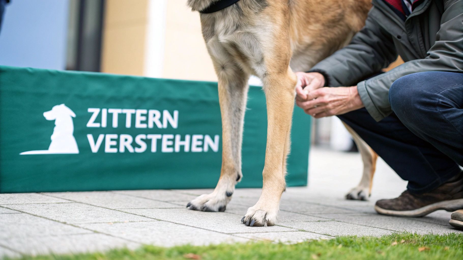 Eine Person kniet neben einem Hund vor einem grünen Banner mit der Aufschrift 'ZITTERN VERSTEHEN'.