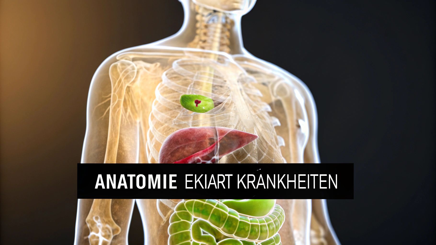 3D-Darstellung eines transparenten menschlichen Oberkörpers mit hervorgehobenen Organen wie Leber, Magen und Darm zur Anatomie.