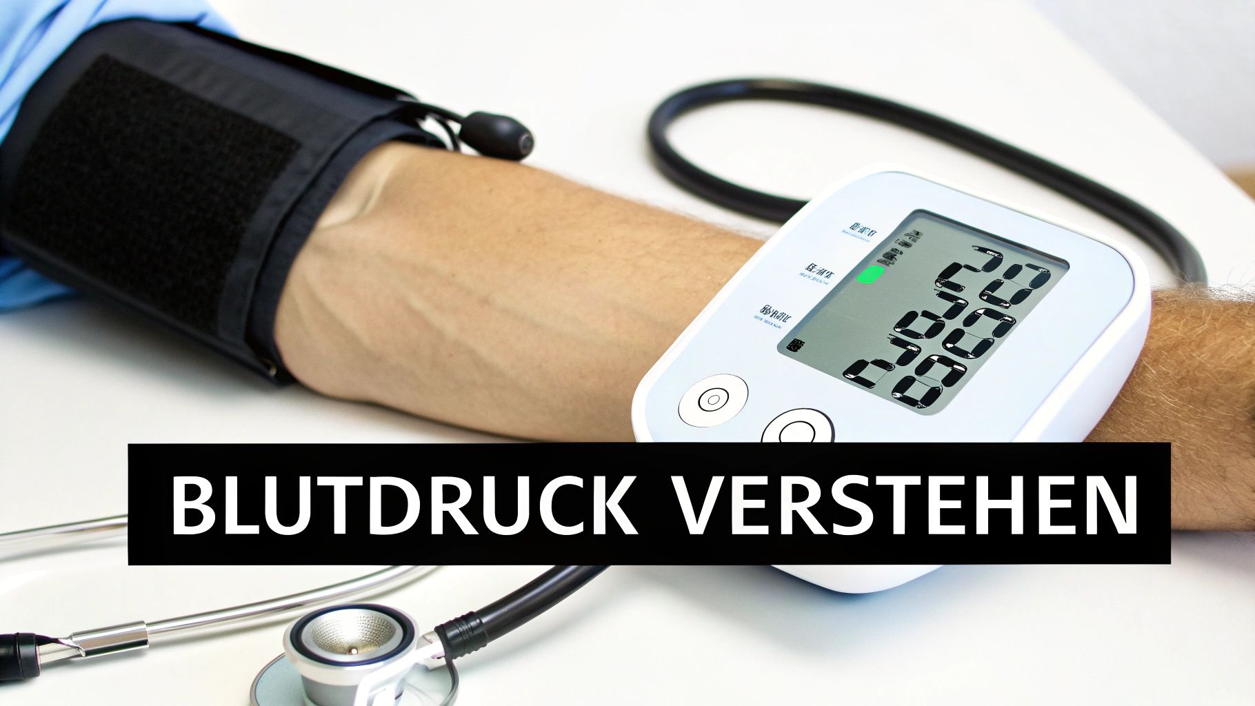 Blutdruckmessgerät zeigt Systole und Diastole Werte auf digitalem Display am Oberarm