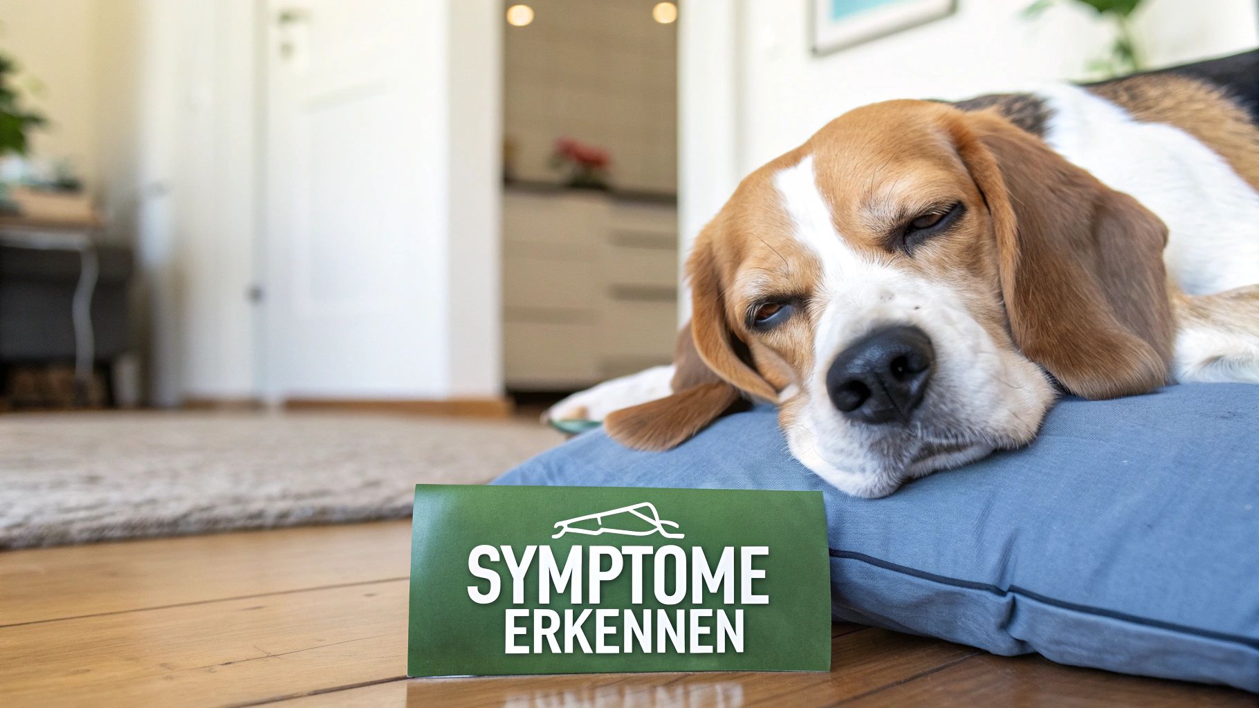 Ein besorgter Hund liegt auf dem Boden und schaut nachdenklich