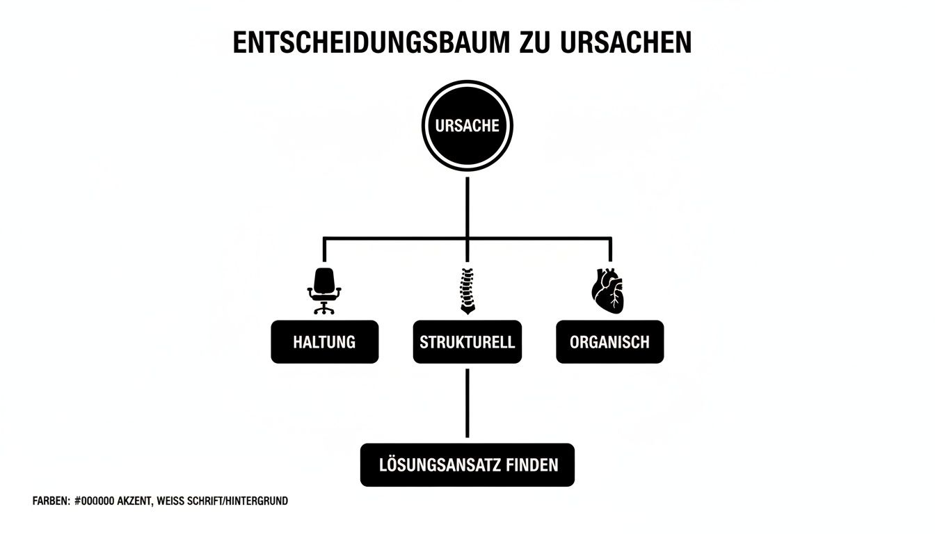 Entscheidungsbaum zur Identifizierung von Ursachen, unterteilt in Haltung, strukturell und organisch, zur Lösungsfindung.