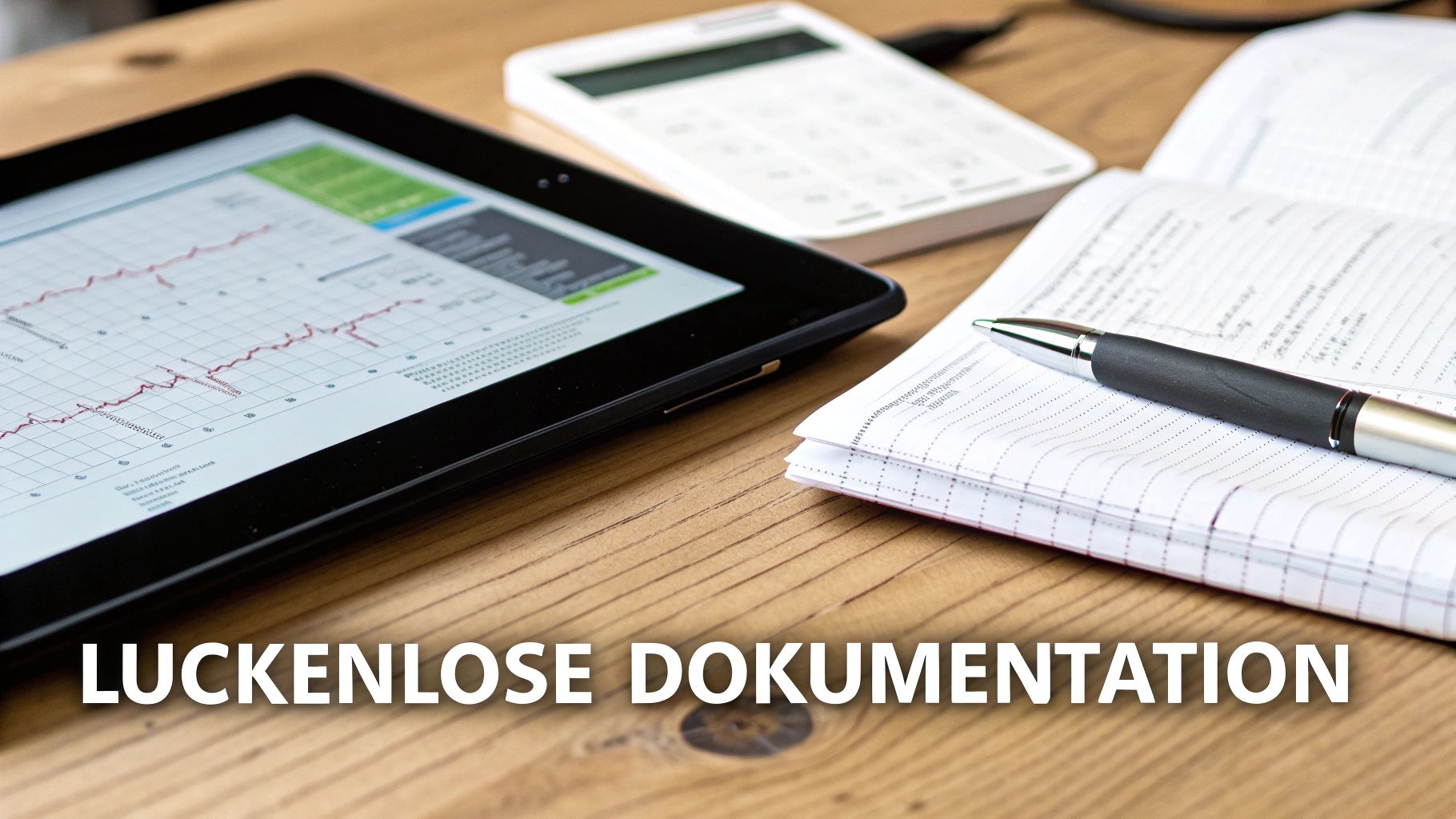 Tablet mit Diagramm, Taschenrechner und Notizbuch auf Holzschreibtisch für lückenlose Dokumentation.