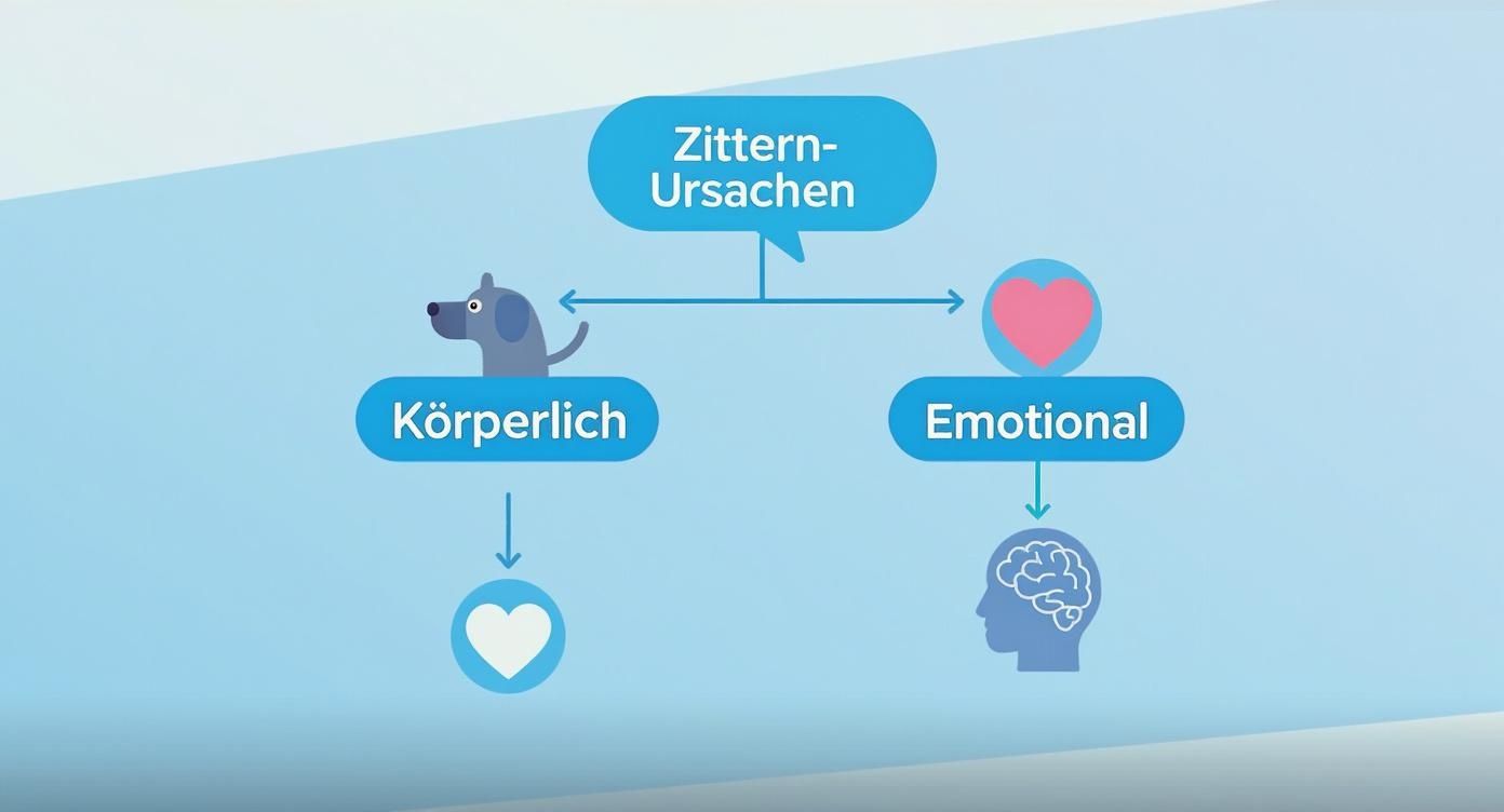 Infografik über die Ursachen von Zittern bei Hunden: körperliche und emotionale Auslöser.
