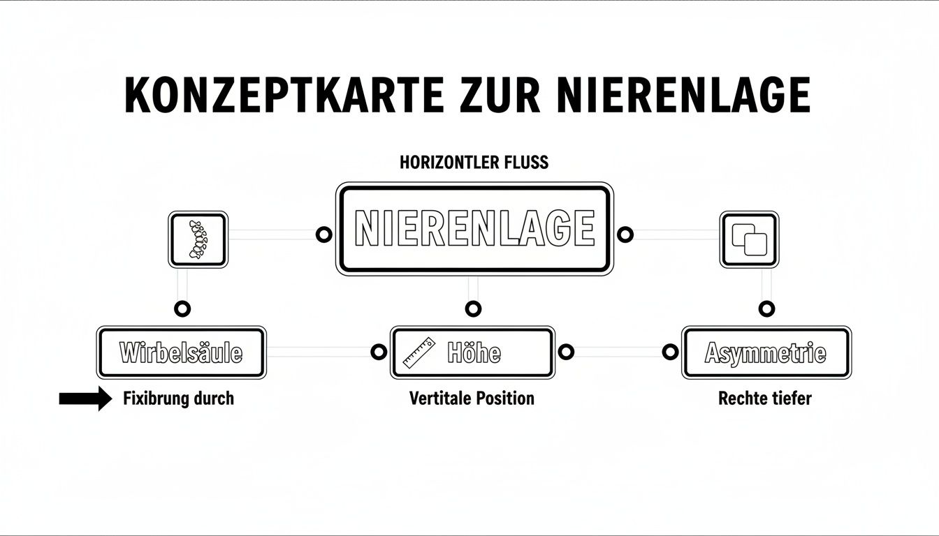 Konzeptkarte zur Nierenlage, zeigt Fixierung durch Wirbelsäule, vertikale Position und Asymmetrie der Nieren.
