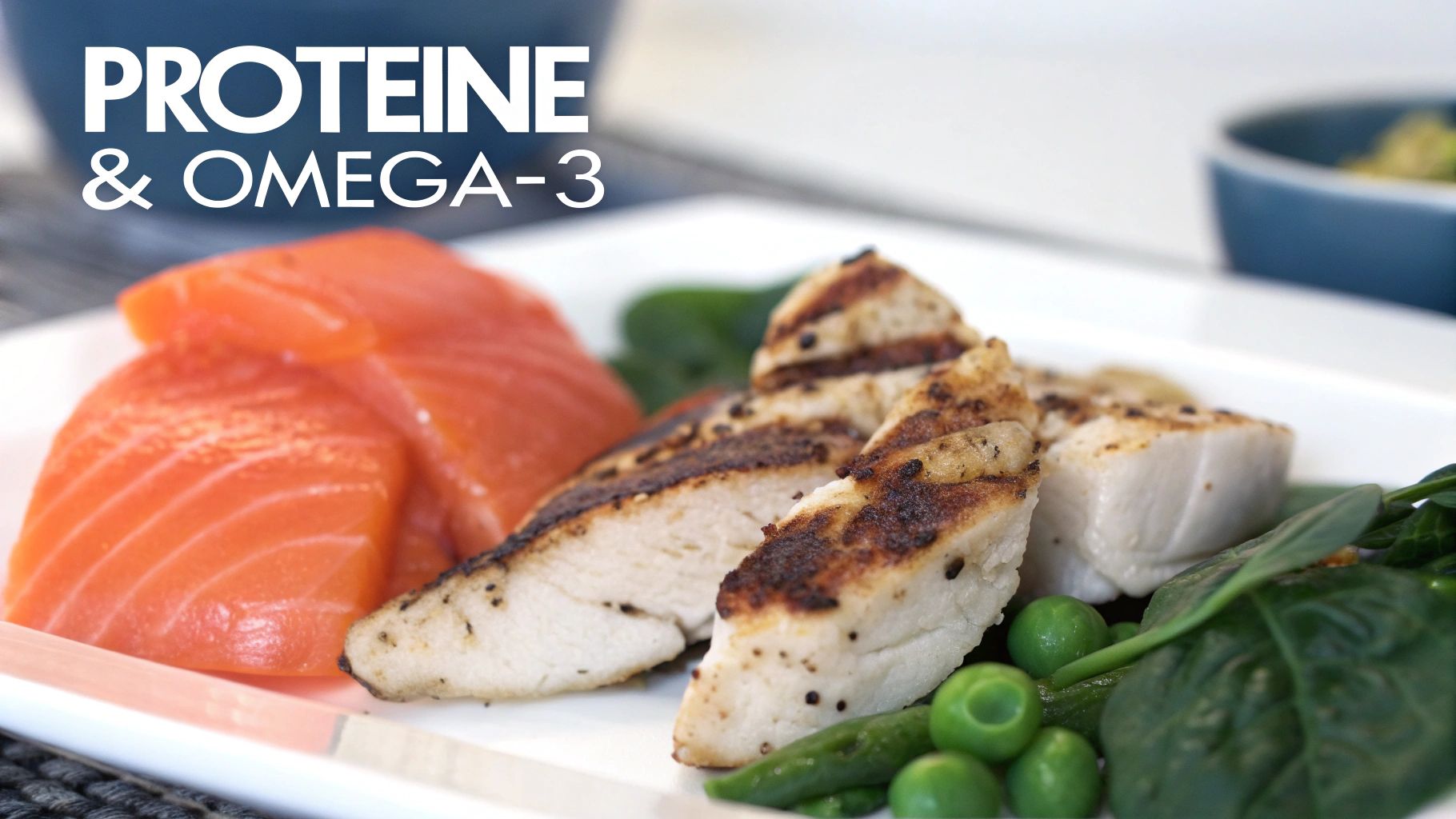 Teller mit gegrilltem Hähnchen, Lachsfilet, Erbsen und Spinat, der Proteine und Omega-3 hervorhebt.