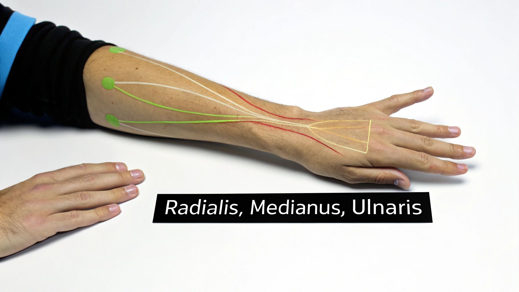 Menschlicher Arm mit farbigen Linien, die den Verlauf der Radialis-, Medianus- und Ulnaris-Nerven zeigen.