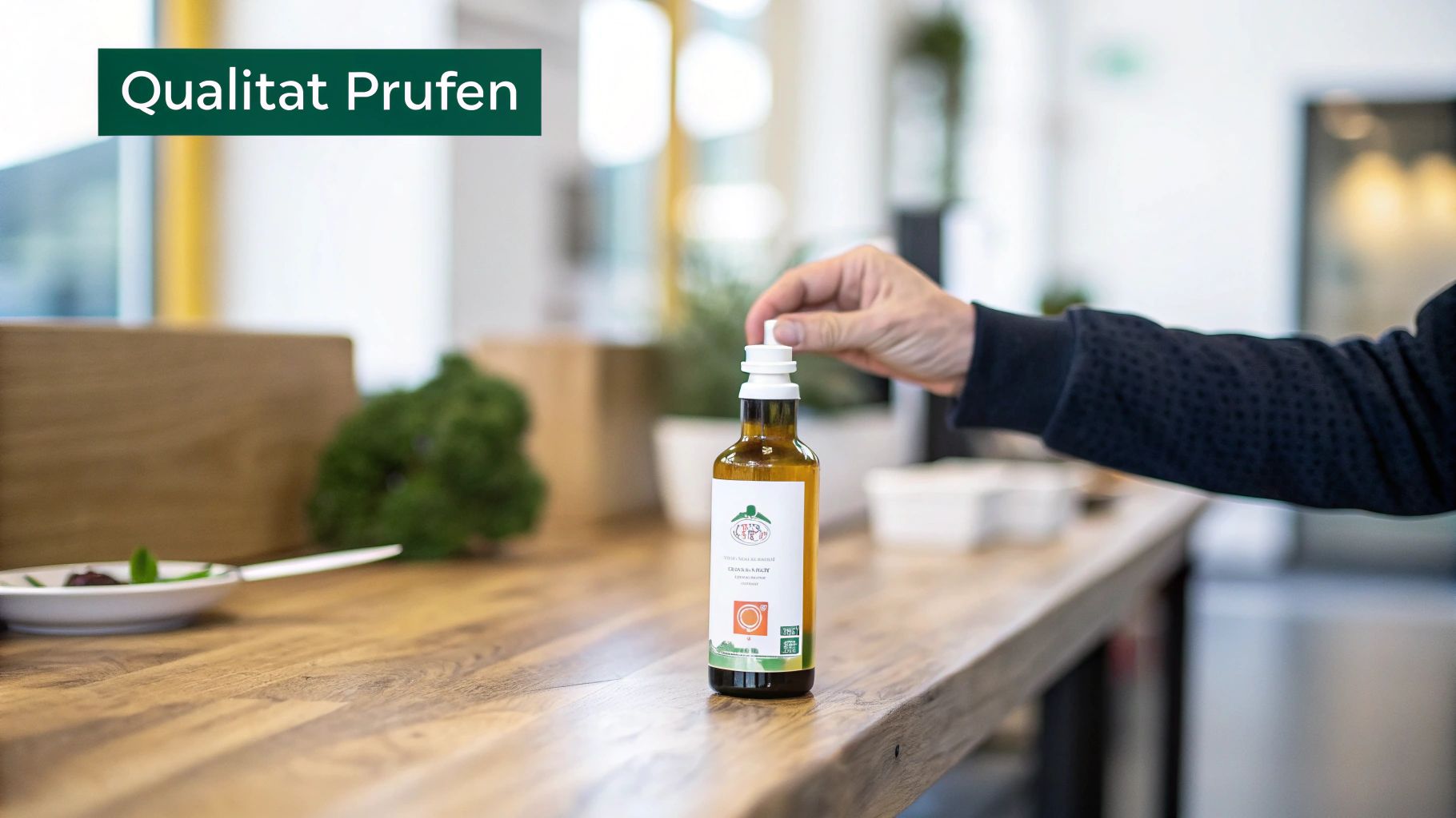 Eine dunkle Glasflasche mit Lachsöl steht neben einem Hundenapf