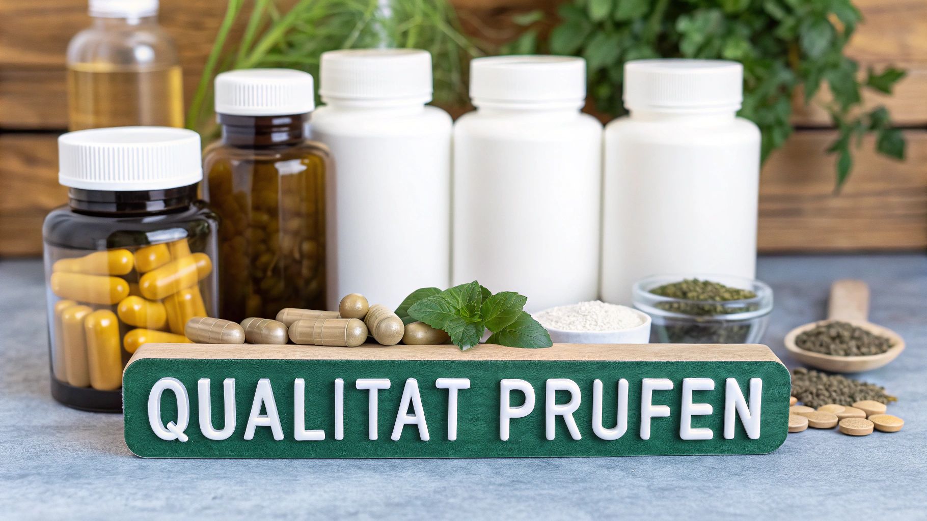 Eine Nahaufnahme von verschiedenen Teufelskralle-Produkten für Hunde, darunter Pulver, Kapseln und eine Tropfflasche.