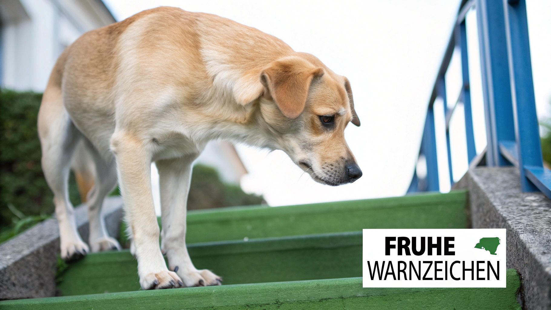 Hund mit Gelenkproblemen steigt vorsichtig eine Treppe hinab, zeigt frühe Warnzeichen von Arthrose