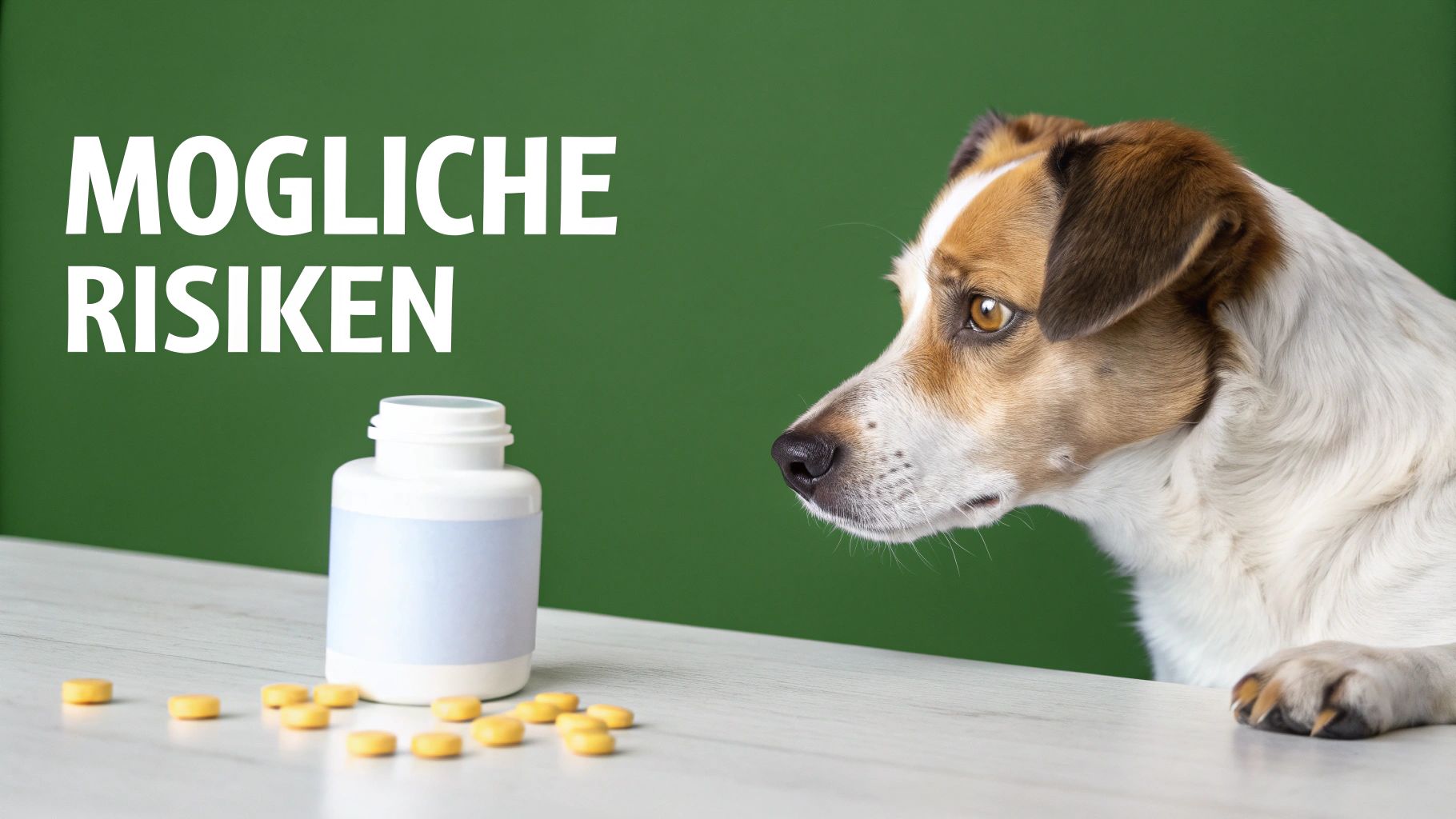 Ein Hund schaut auf verschiedene Futterergänzungsmittel in Schalen.