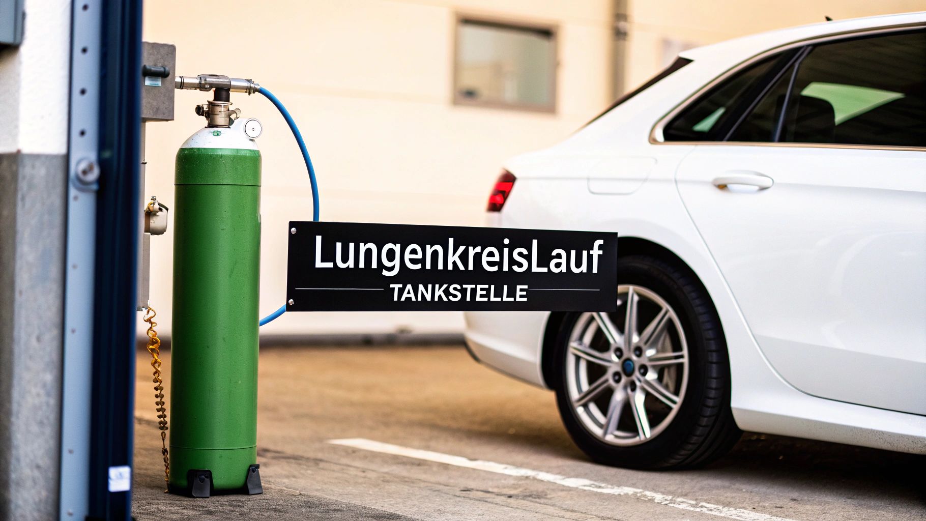 Grüner Sauerstofftank an einer Lungenkreislauf-Tankstelle mit einem weißen Auto im Hintergrund.