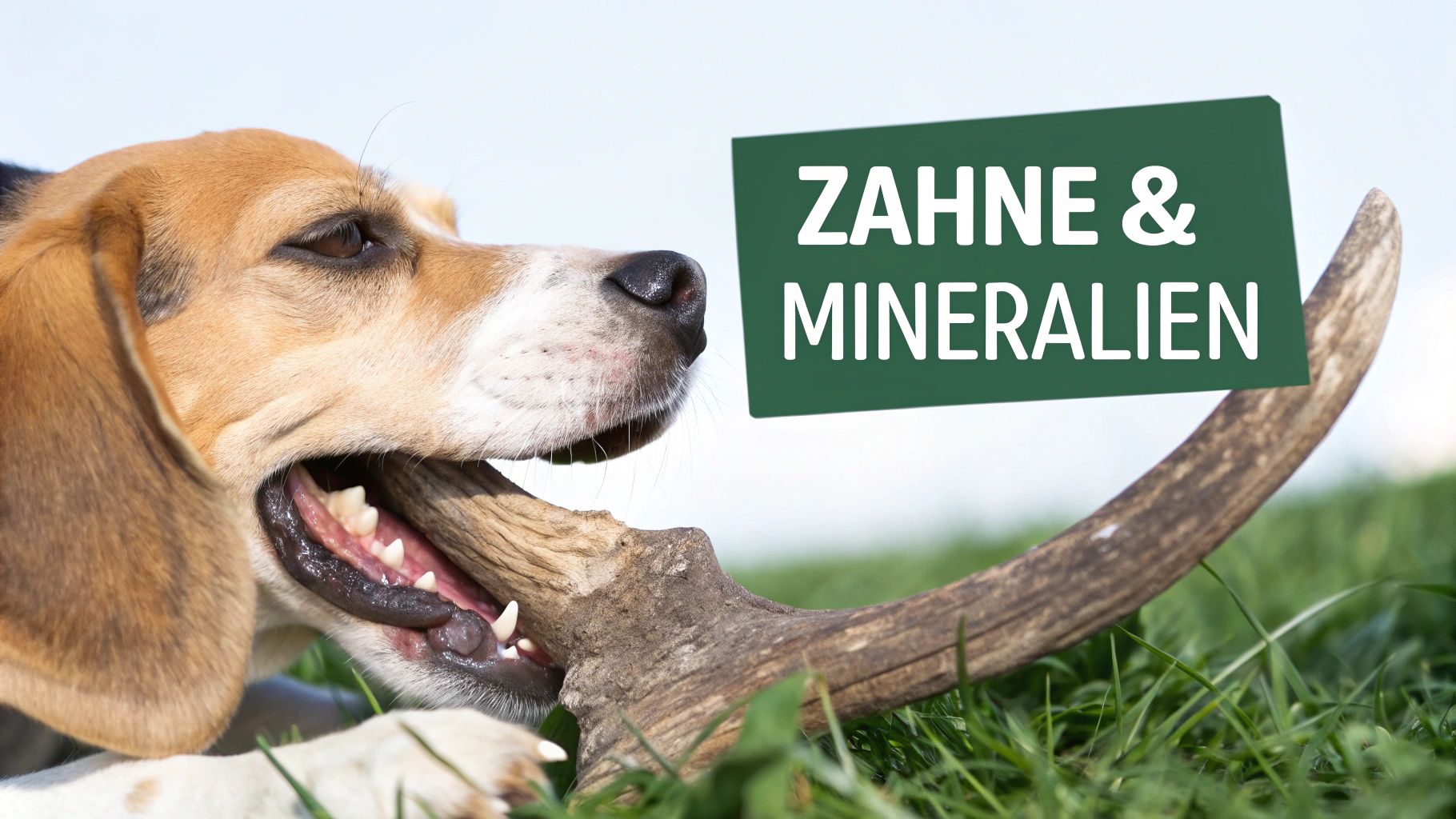 Ein Hund kaut genüsslich auf einem Hirschgeweih und pflegt dabei seine Zähne