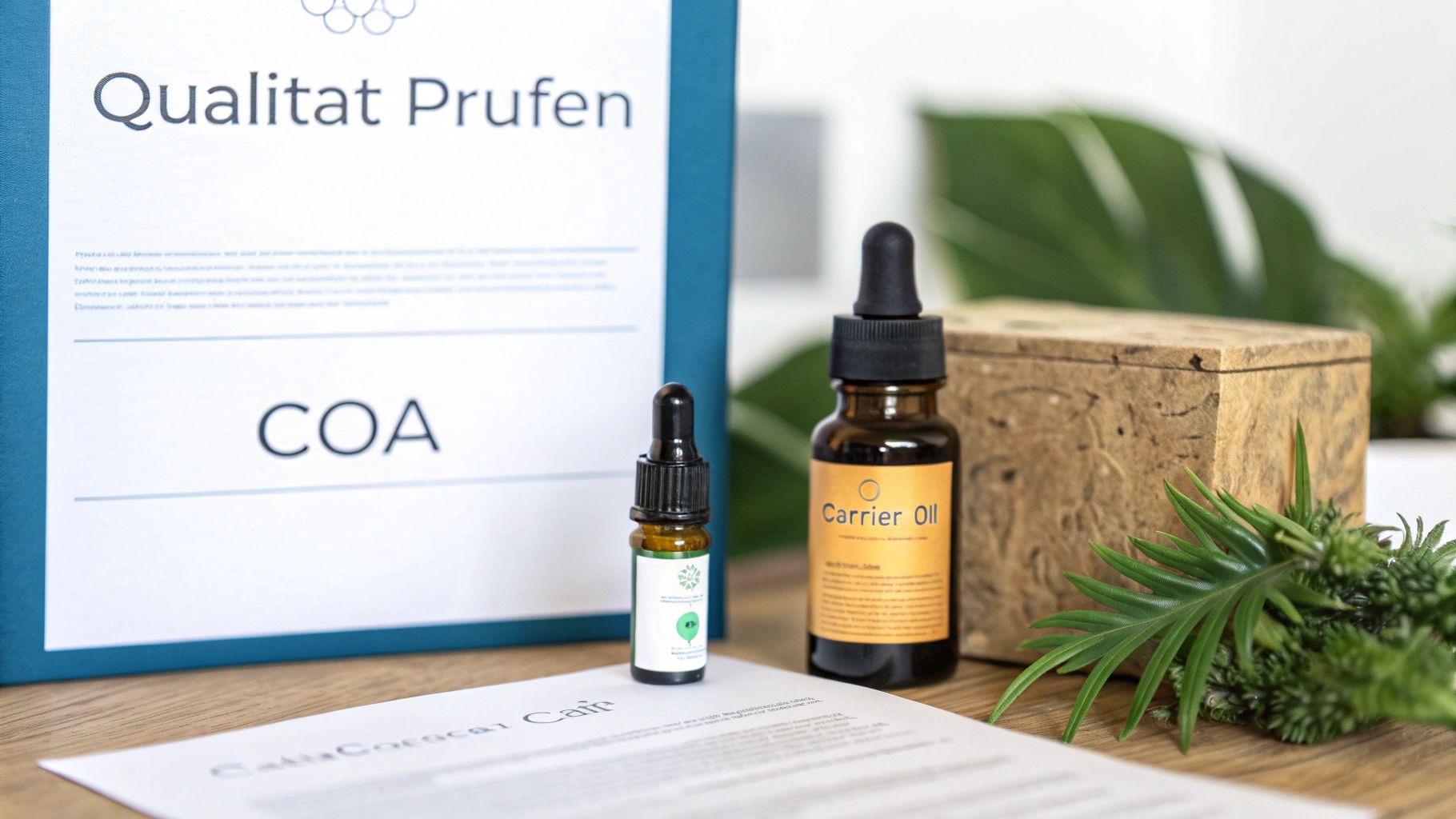 Zwei Flaschen CBD Öl, ein Qualitätsprüfungsdokument (COA) und natürliche Pflanzen auf einem Holztisch.