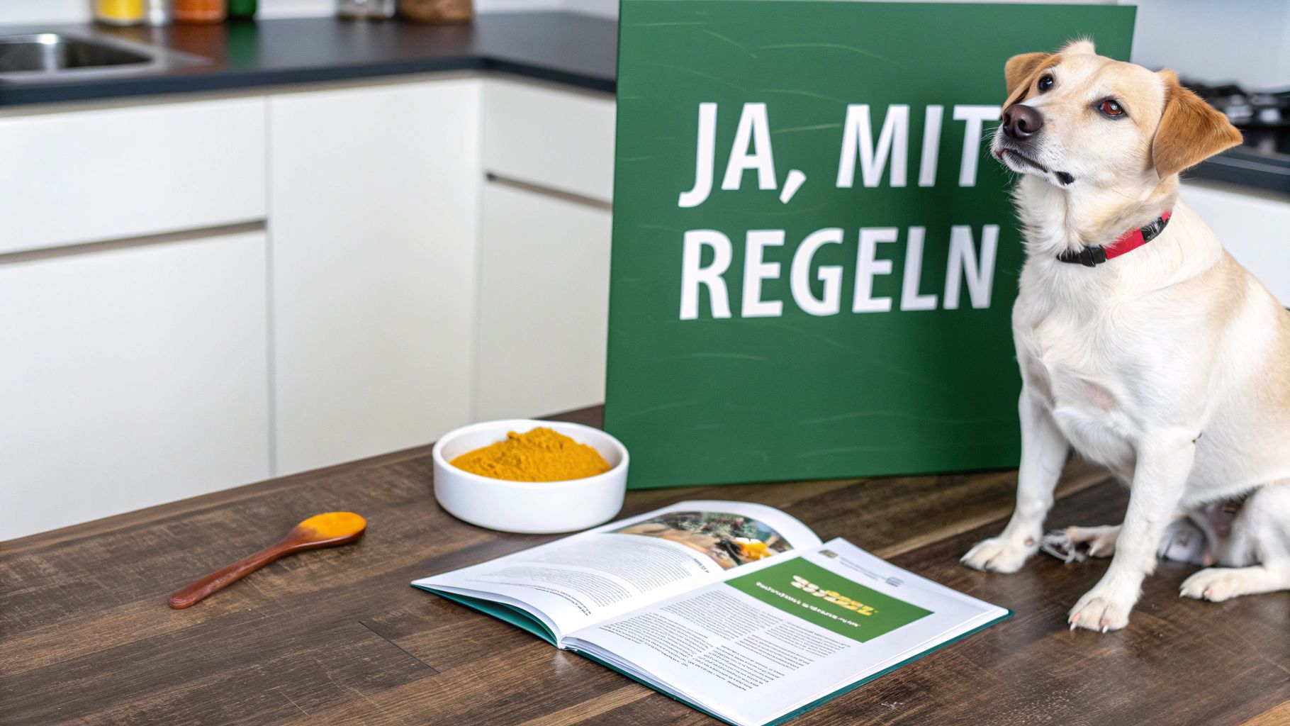 Ein Hund sitzt neben einem grünen Schild mit der Aufschrift "JA, MIT REGELN" und einer Schale Kurkuma.