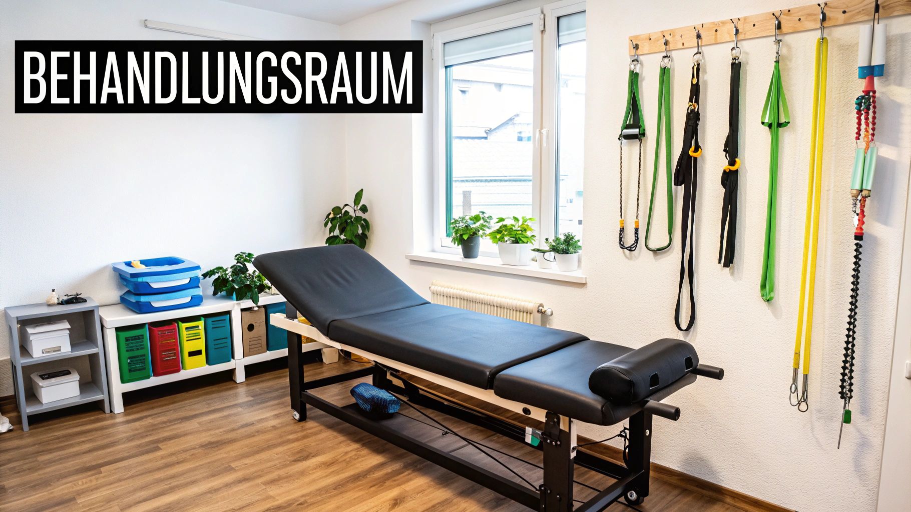 Ein Therapeut behandelt einen Patienten auf einer modernen, höhenverstellbaren Behandlungsliege.