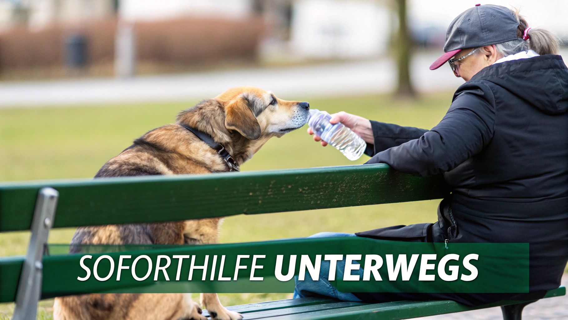 Ein Hundebesitzer kniet neben seinem älteren Hund auf einem Spazierweg und reicht ihm Wasser.