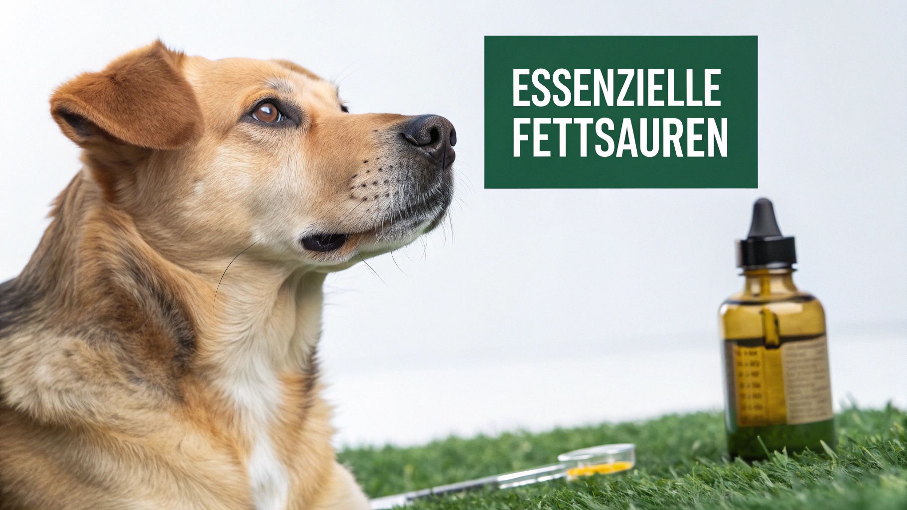 Ein Hund schaut zu einer Flasche mit essentiellen Fettsäuren auf grünem Gras.