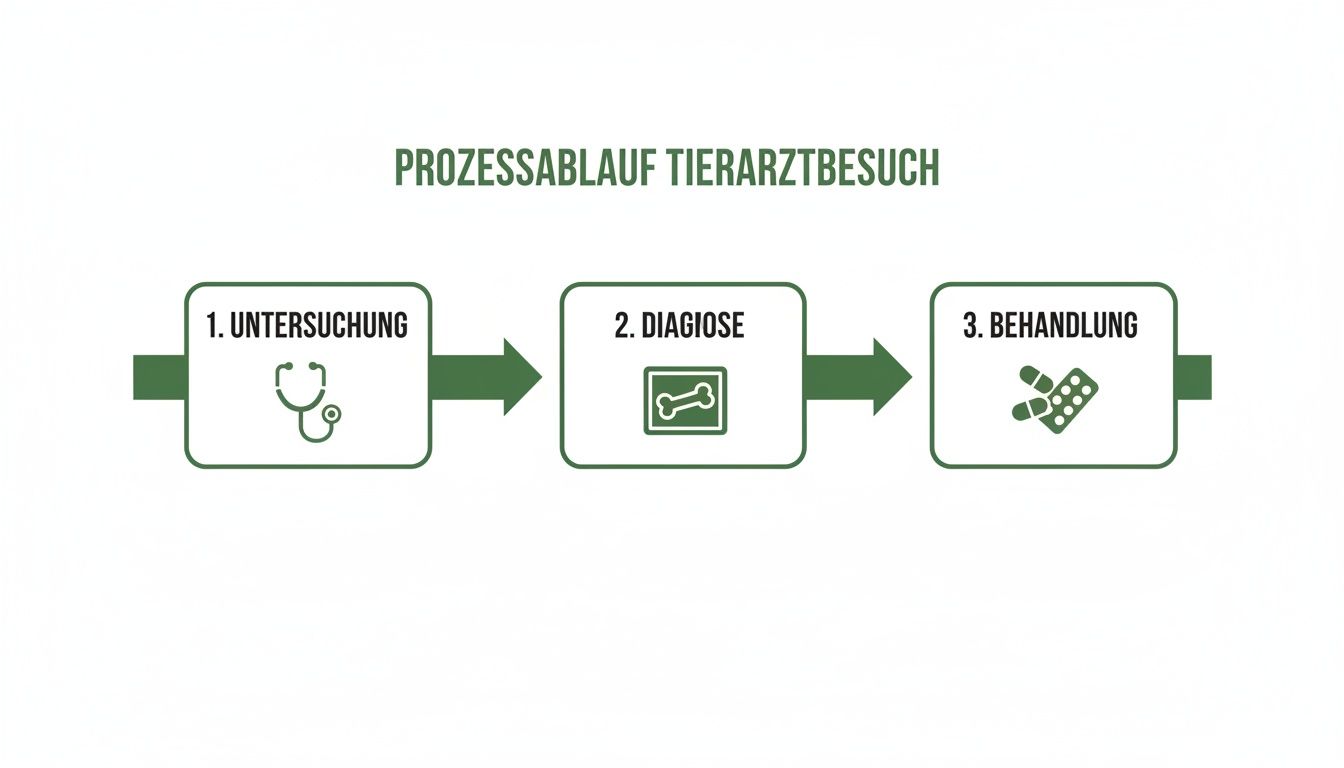 Flussdiagramm, das den Ablauf eines Tierarztbesuchs in drei Schritten zeigt: Untersuchung, Diagnose und Behandlung.