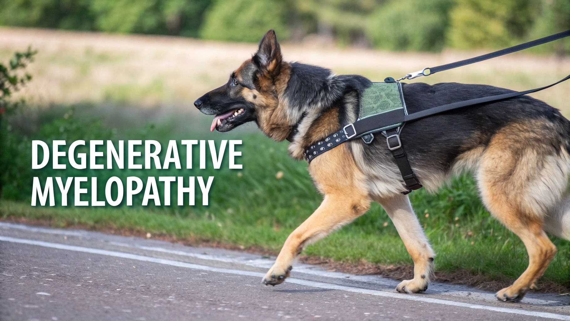 Deutscher Schäferhund mit Geschirr läuft auf Gehweg, Degenerative Myelopathie Erkrankung bei Hunden