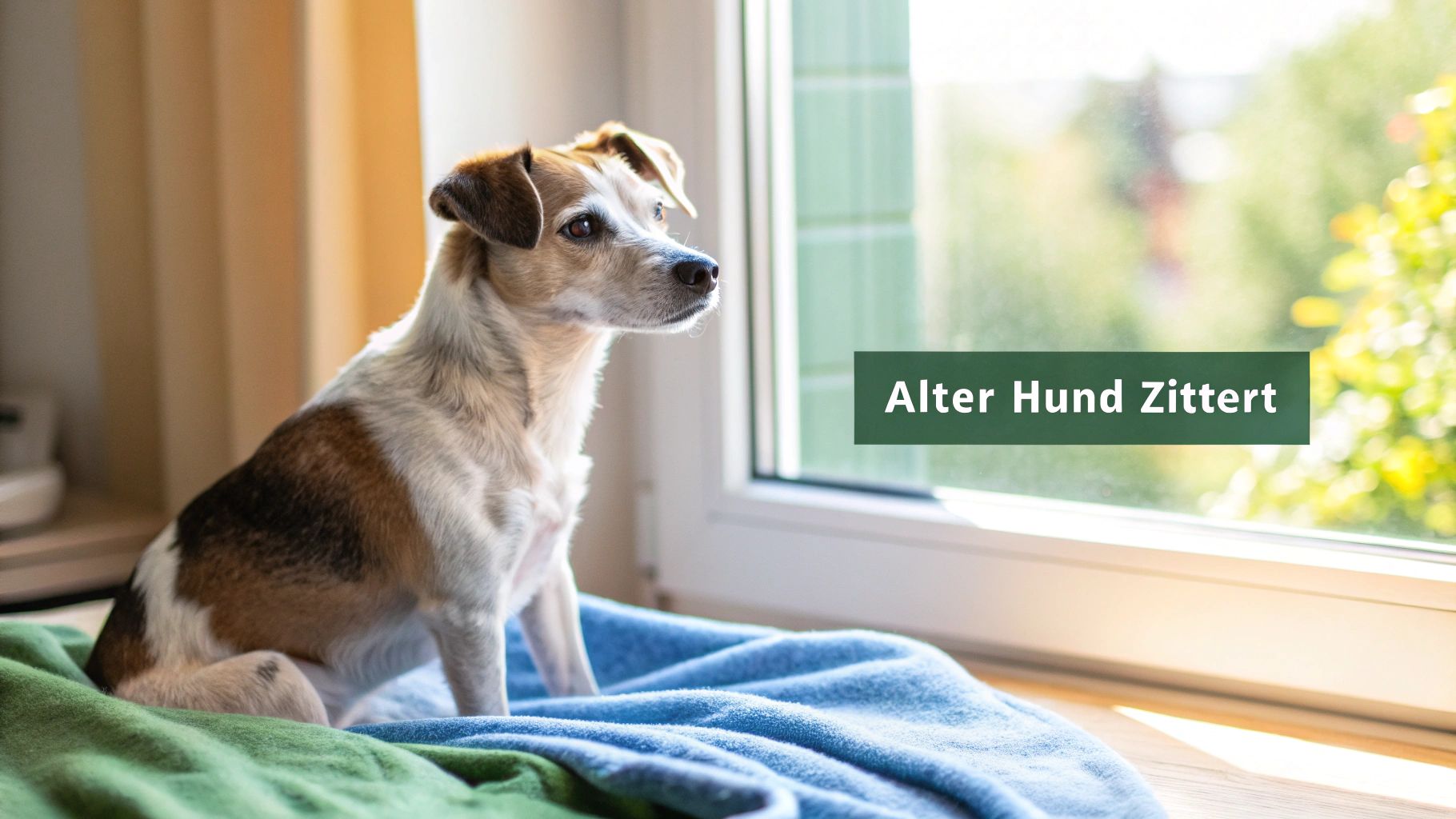 Ein kleiner, alter Hund sitzt auf weichen Decken am Fenster und blickt nach draußen. Die Aufschrift 'Alter Hund Zittert' ist sichtbar.