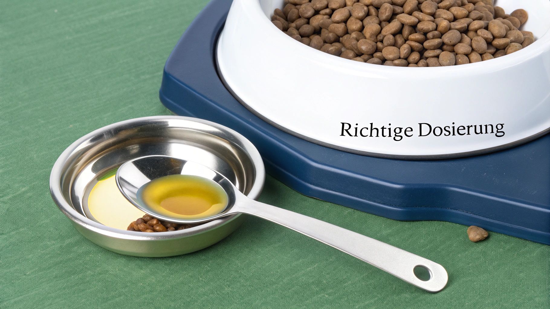 Ein Hundebesitzer mischt vorsichtig Omega-3-Öl in den Futternapf seines Hundes.