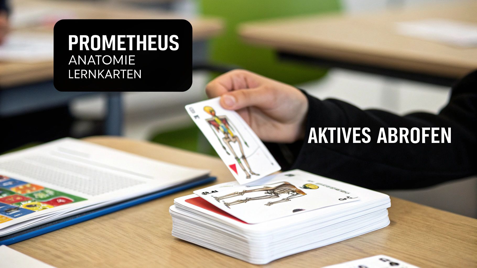 Nahaufnahme von Prometheus Anatomie Lernkarten, die auf einem Schreibtisch ausgebreitet sind, neben einem aufgeschlagenen Anatomieatlas