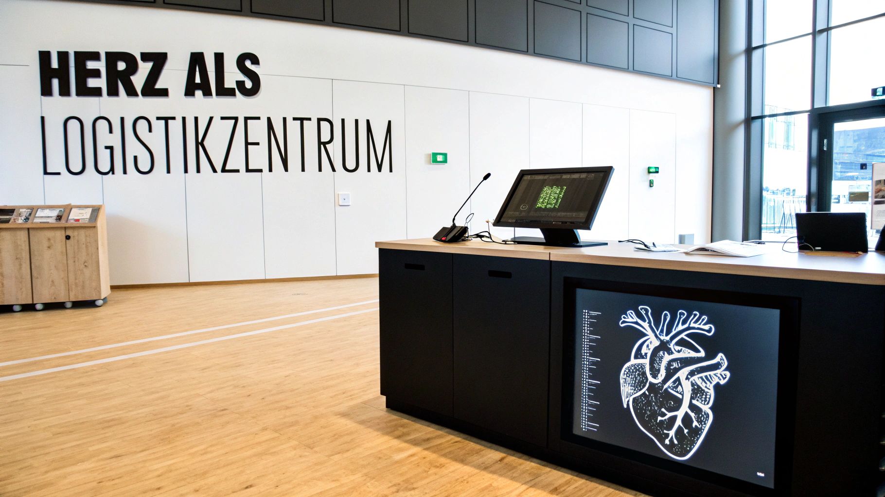 Ausstellung mit interaktiven Displays zum Thema Herz als Logistikzentrum, zeigt einen stilisierten menschlichen Herzschlag auf einem Bildschirm.