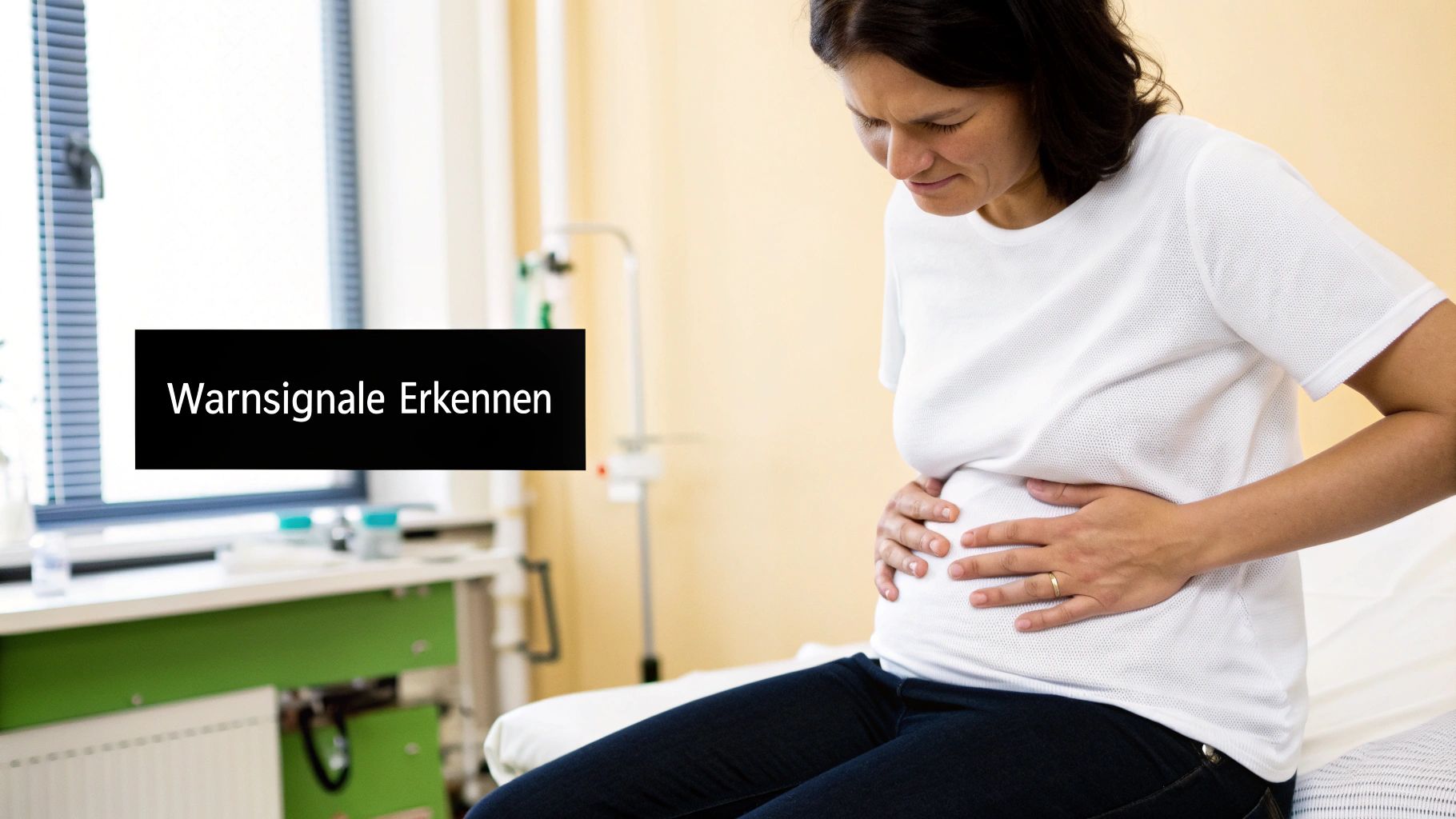 Eine Person hält ihren Bauch und deutet auf Unwohlsein.