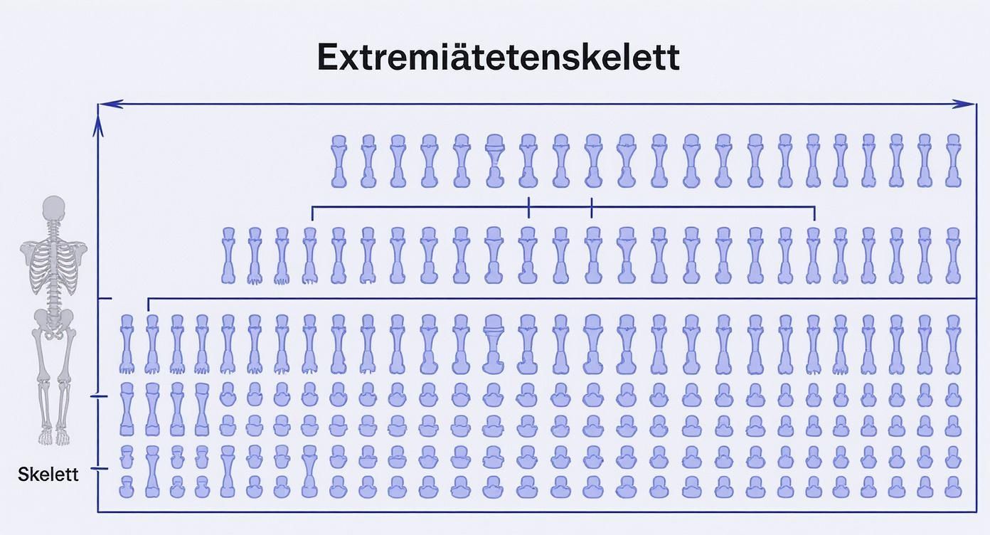 Anatomische Darstellung der menschlichen Extremitätenknochen mit vollständigem Skelett als Referenz auf der linken Seite