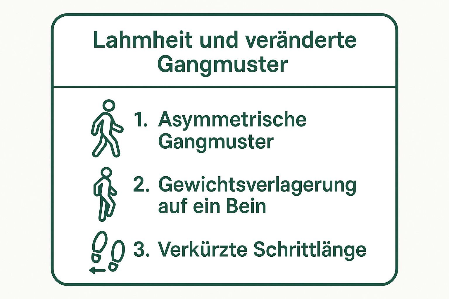Infografik, die Schlüsselindikatoren für veränderte Gangmuster beim Hund zusammenfasst: Asymmetrische Bewegung, Gewichtsverlagerung und verkürzte Schritte.