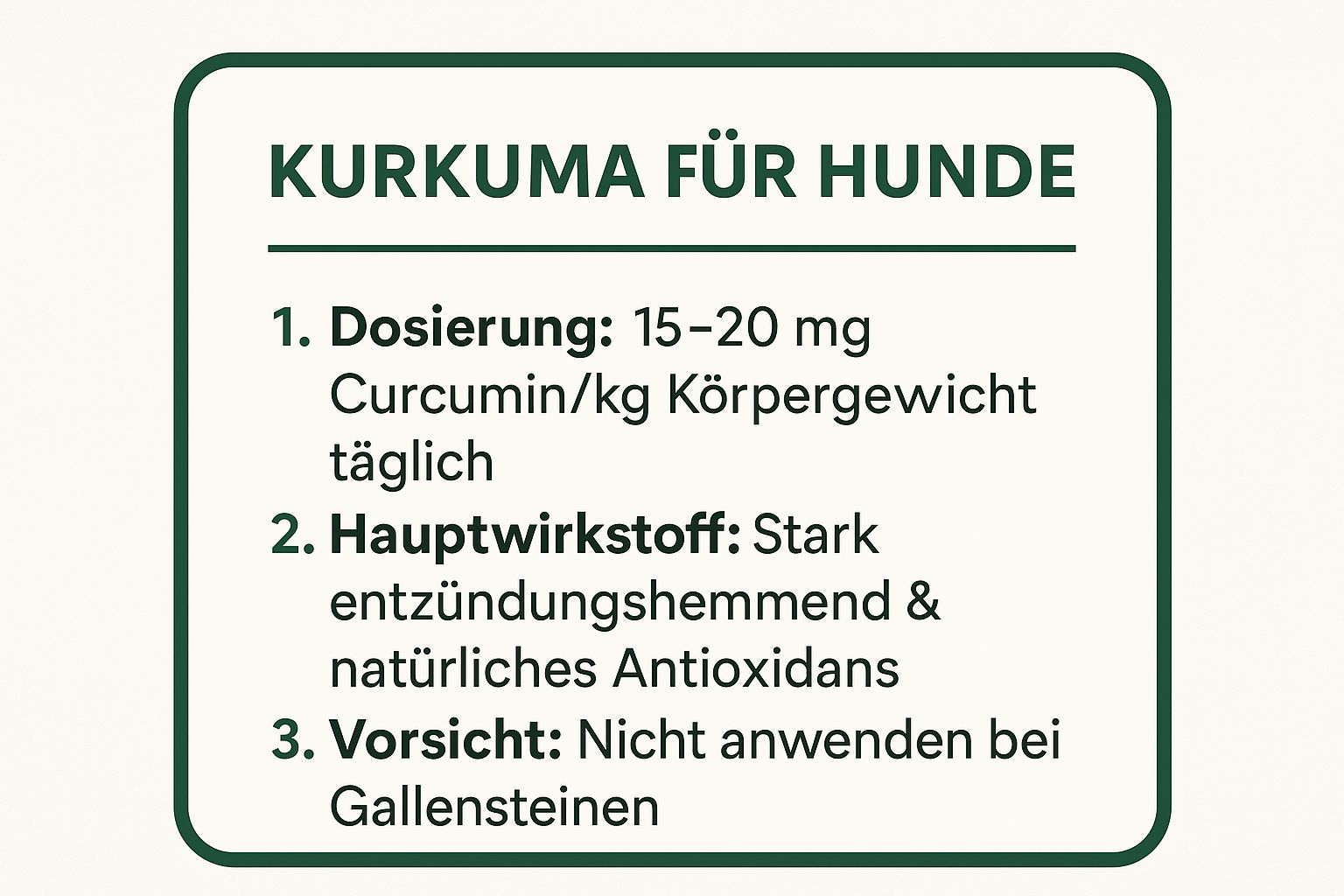 Infografik, die die wichtigsten Daten zu Kurkuma zusammenfasst: Dosierung, Hauptwirkstoff und eine wichtige Vorsichtsmaßnahme.