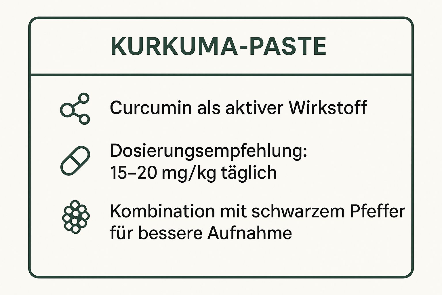 Infografik mit den wichtigsten Punkten zur Anwendung von Kurkuma bei Hunden.