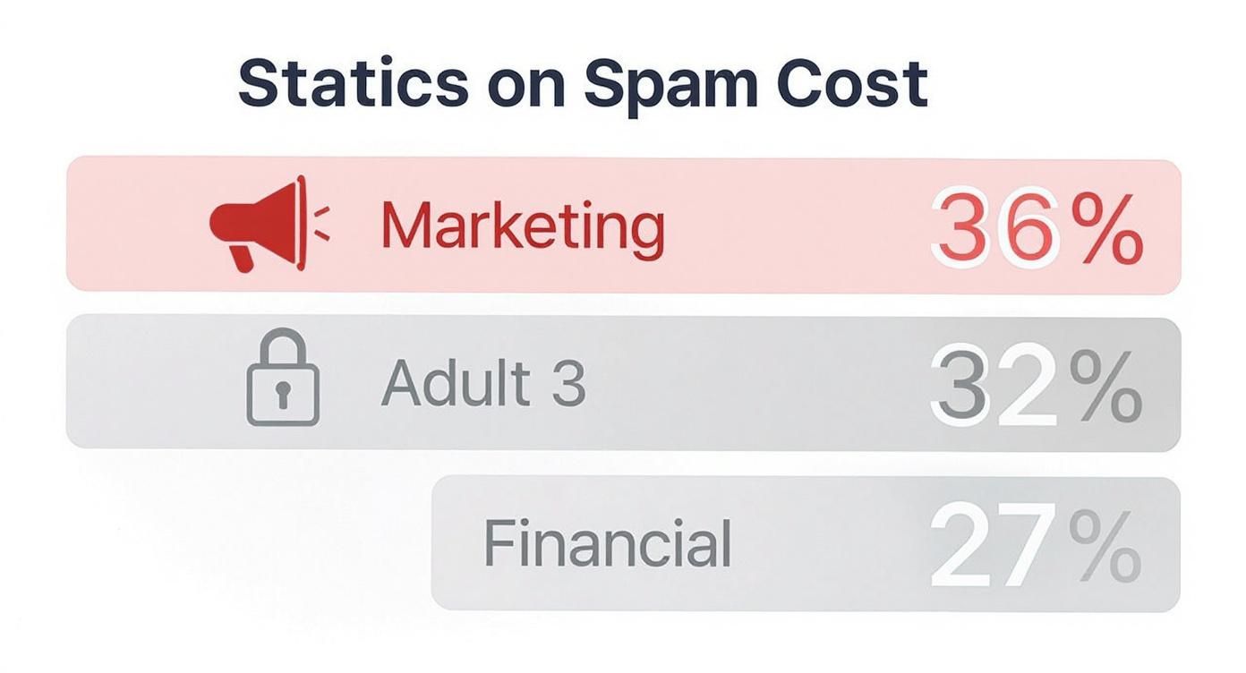 Infographic showing the breakdown of spam types: Marketing at 36%, Adult content at 32%, and Financial scams at 27%.