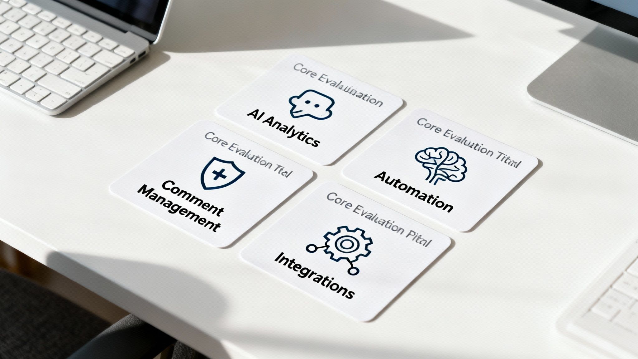 White cards displaying AI Analytics, Comment Management, Integrations, and Automation icons on modern desk workspace