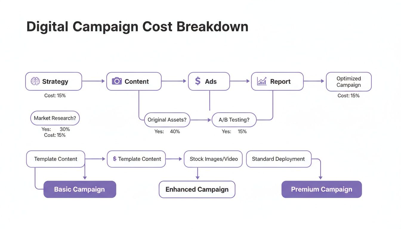 Flowchart detailing digital campaign cost breakdown, including strategy, content, ads, reporting, and different campaign types with associated costs.