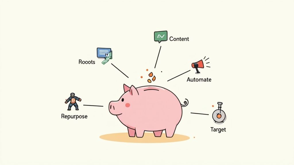 A pink piggy bank surrounded by concepts like content, automate, target, repurpose, and rooots, illustrating a strategy.