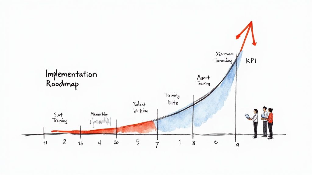 Hand-drawn implementation roadmap with various training stages, a rising progress curve, and KPI tracking.