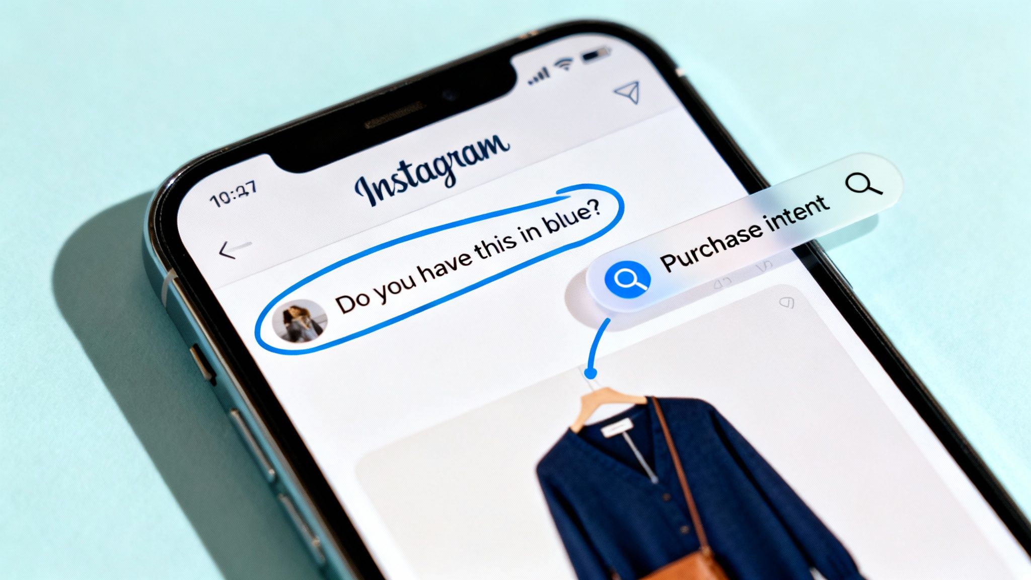 A smartphone screen shows an Instagram chat asking about a blue garment, labeled with 'Purchase intent'.