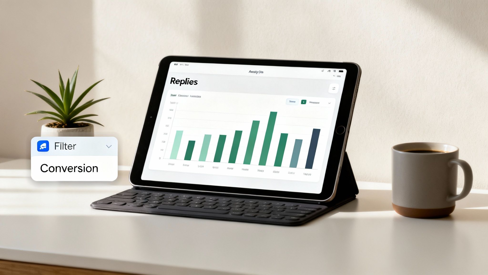 An iPad displaying a 'Replies' analytics chart on a clean workspace with a coffee mug and a plant.