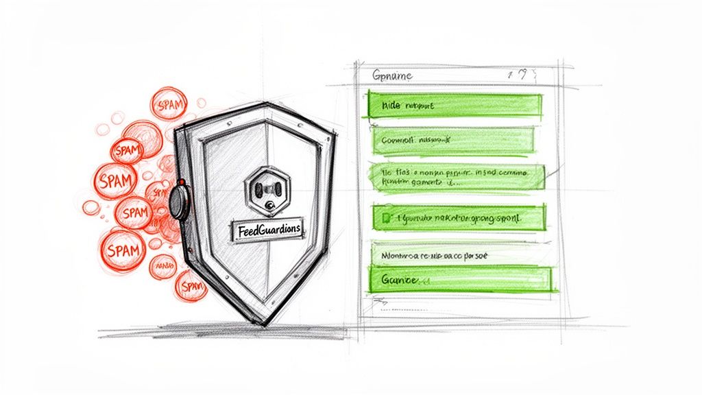 Hand-drawn sketch illustrating a 'FeedGuardians' shield blocking red 'SPAM' bubbles from a content feed.