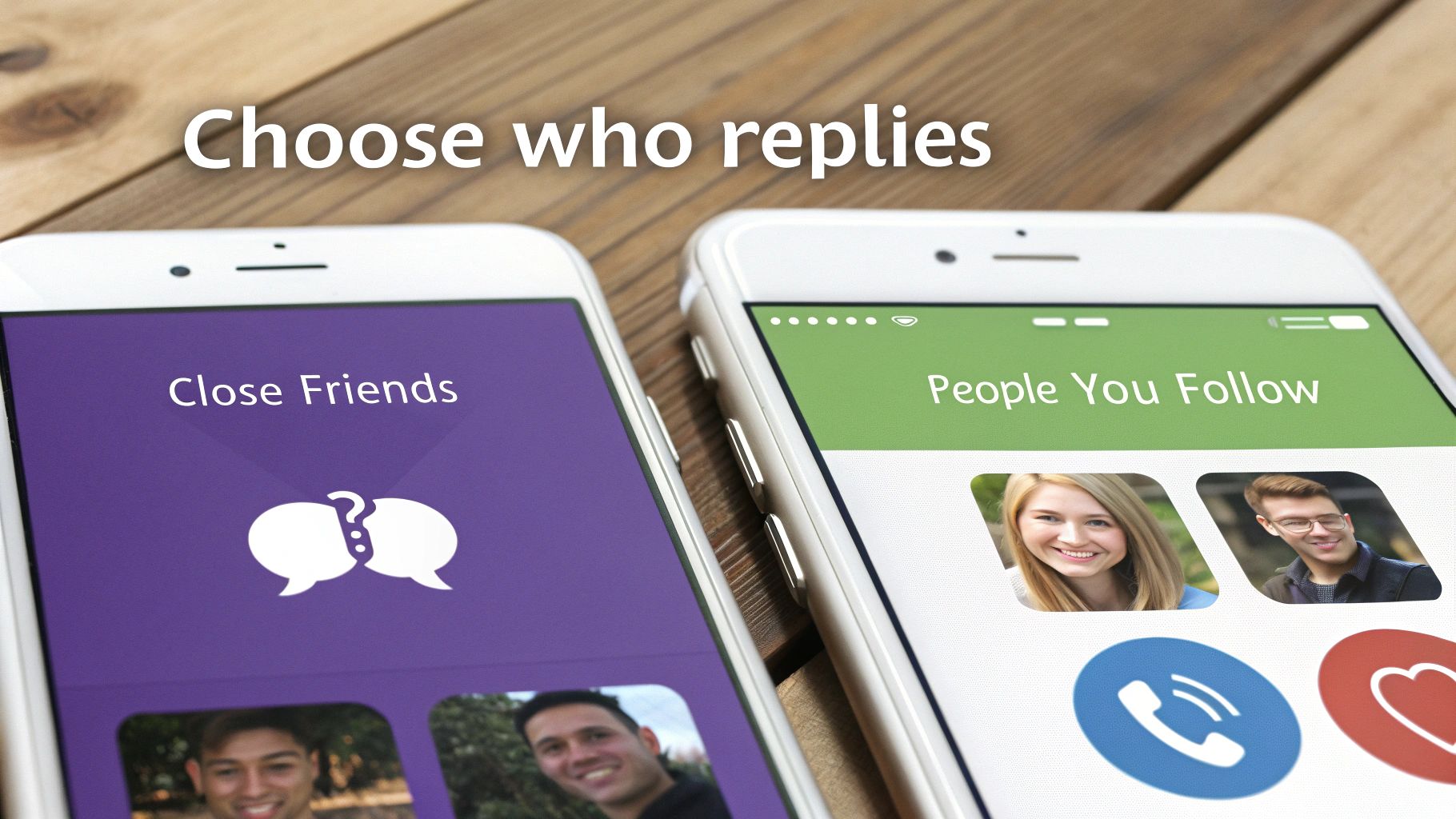 Two smartphones display social media settings, showing 'Close Friends' and 'People You Follow' with text 'Choose who replies'.