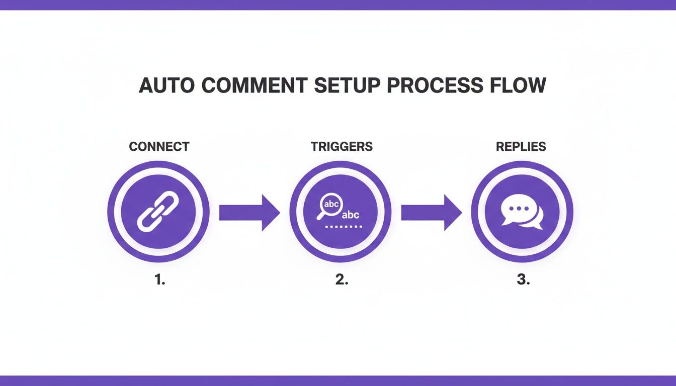 A three-step process flow diagram for auto comment setup: connect, triggers, and replies.