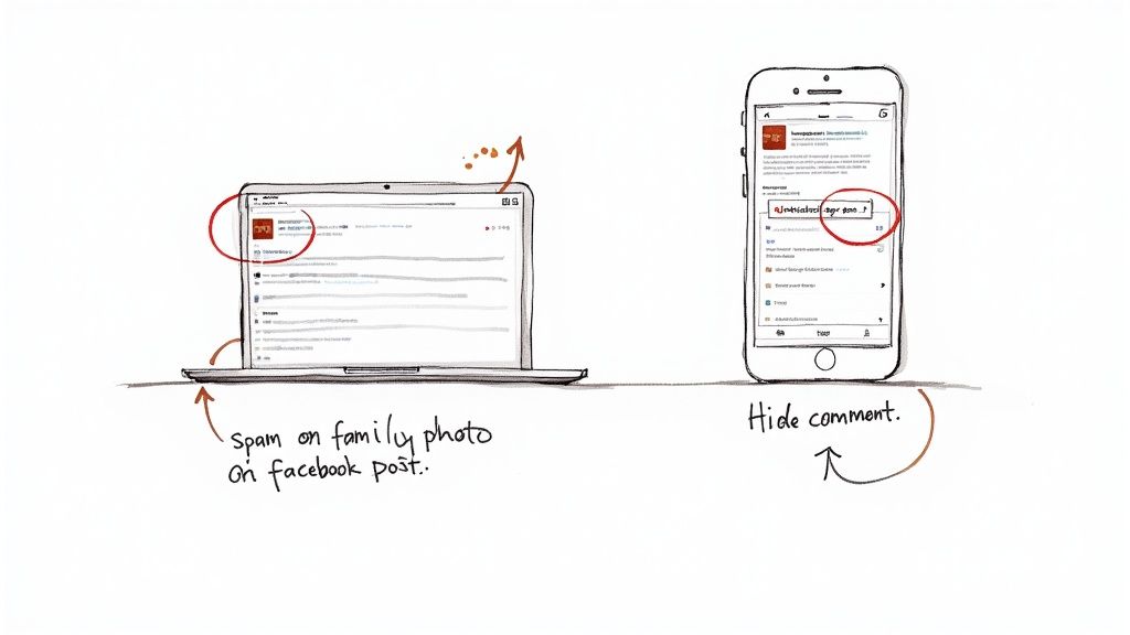 Illustration showing how to hide a spam comment on a Facebook post using a laptop and smartphone.