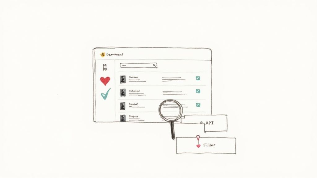 A hand-drawn diagram showing a search user interface with item lists and checkboxes, linked to API and filter processes.