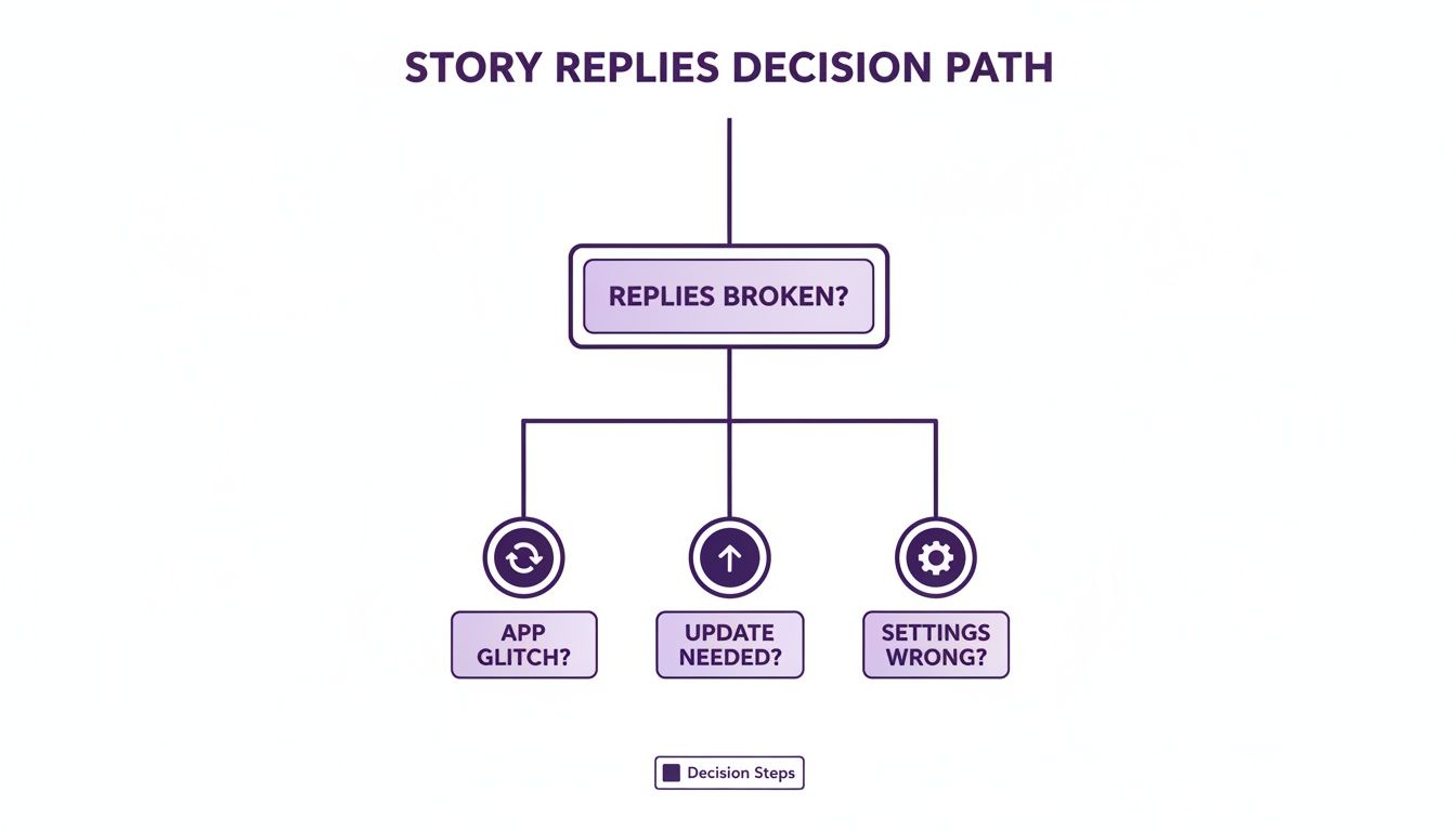 Decision path flowchart for troubleshooting broken story replies, considering app glitches, updates, and settings.