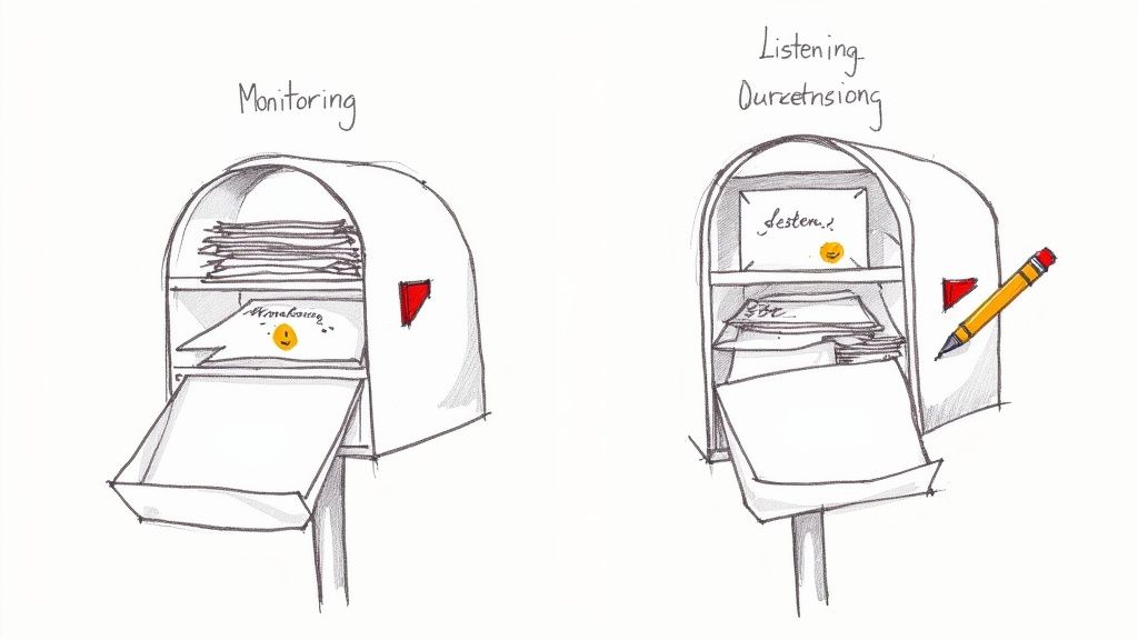 A magnifying glass analyzing social media icons versus a checklist, visually representing the difference between deep analysis and simple tracking.
