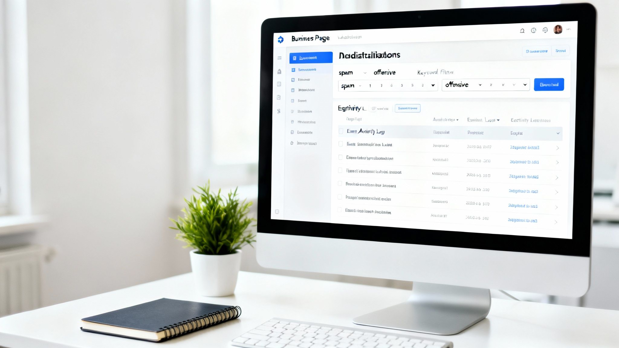 A modern desktop workspace featuring a computer monitor displaying a data management web application, a notebook, and a small plant.