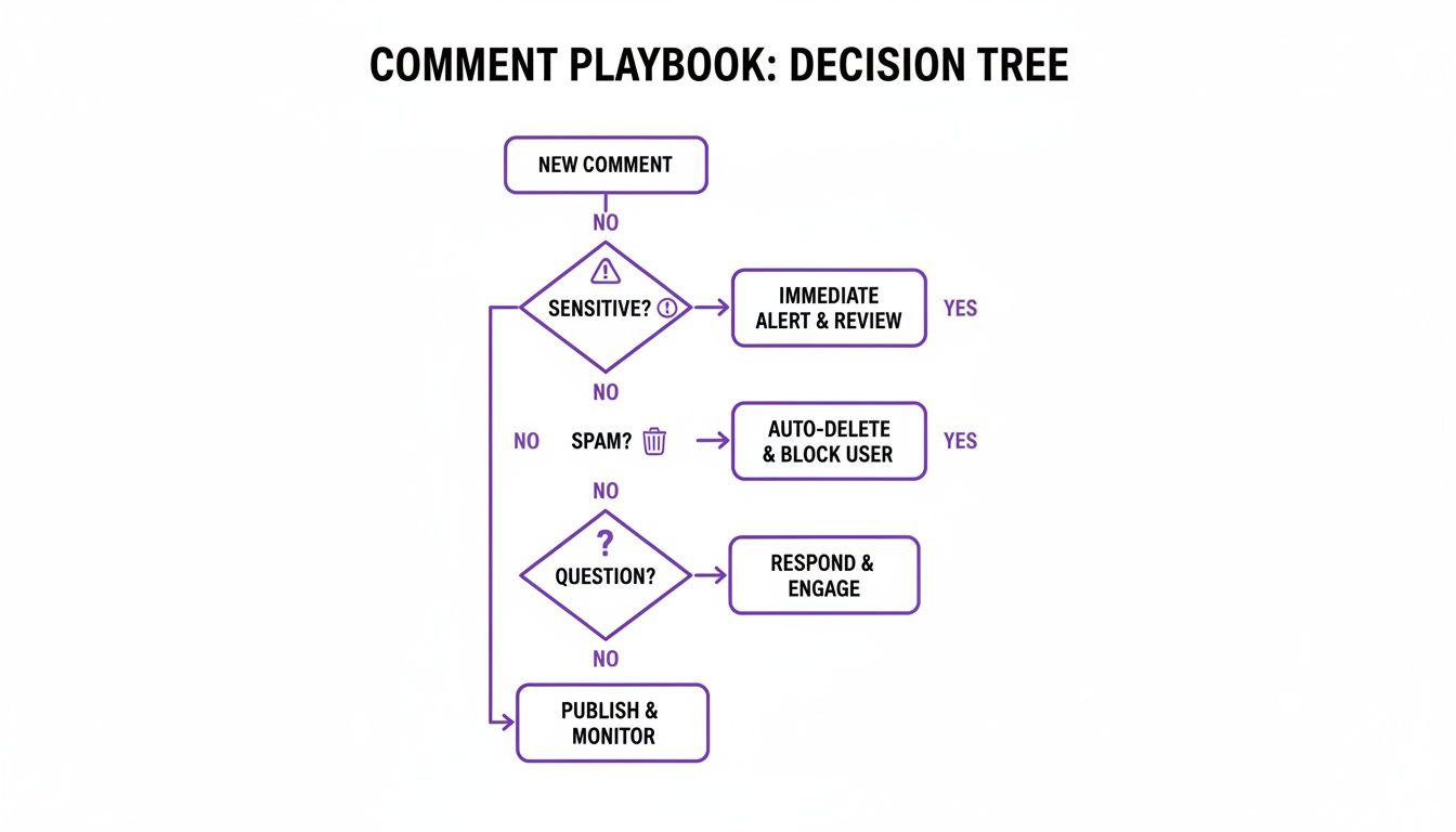 A flowchart detailing a comment moderation decision tree, from sensitivity to publishing.