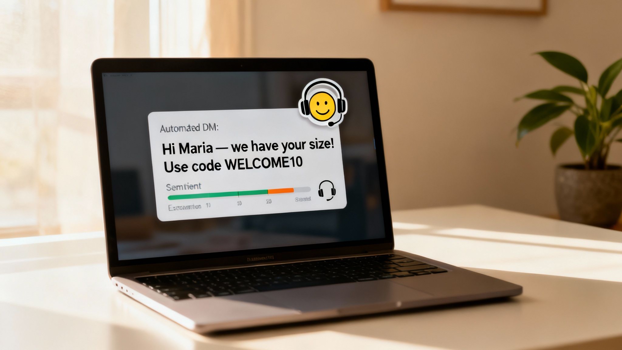 A laptop displays an automated direct message with a discount code, sentiment analysis, and a chatbot icon.
