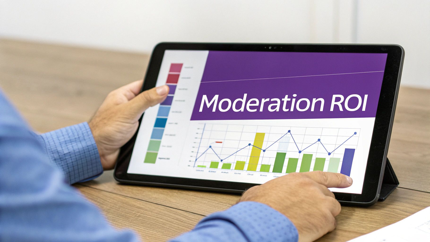 A person views a tablet displaying a 'Moderation ROI' report with charts and graphs on a desk.